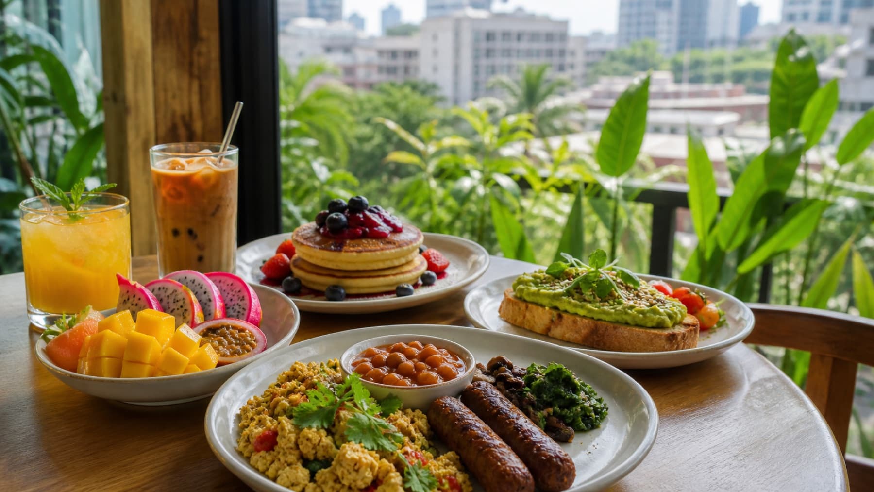A sunlit vegan breakfast spread with tofu scramble, fruit, pancakes, avocado toast, juice and iced coffee.