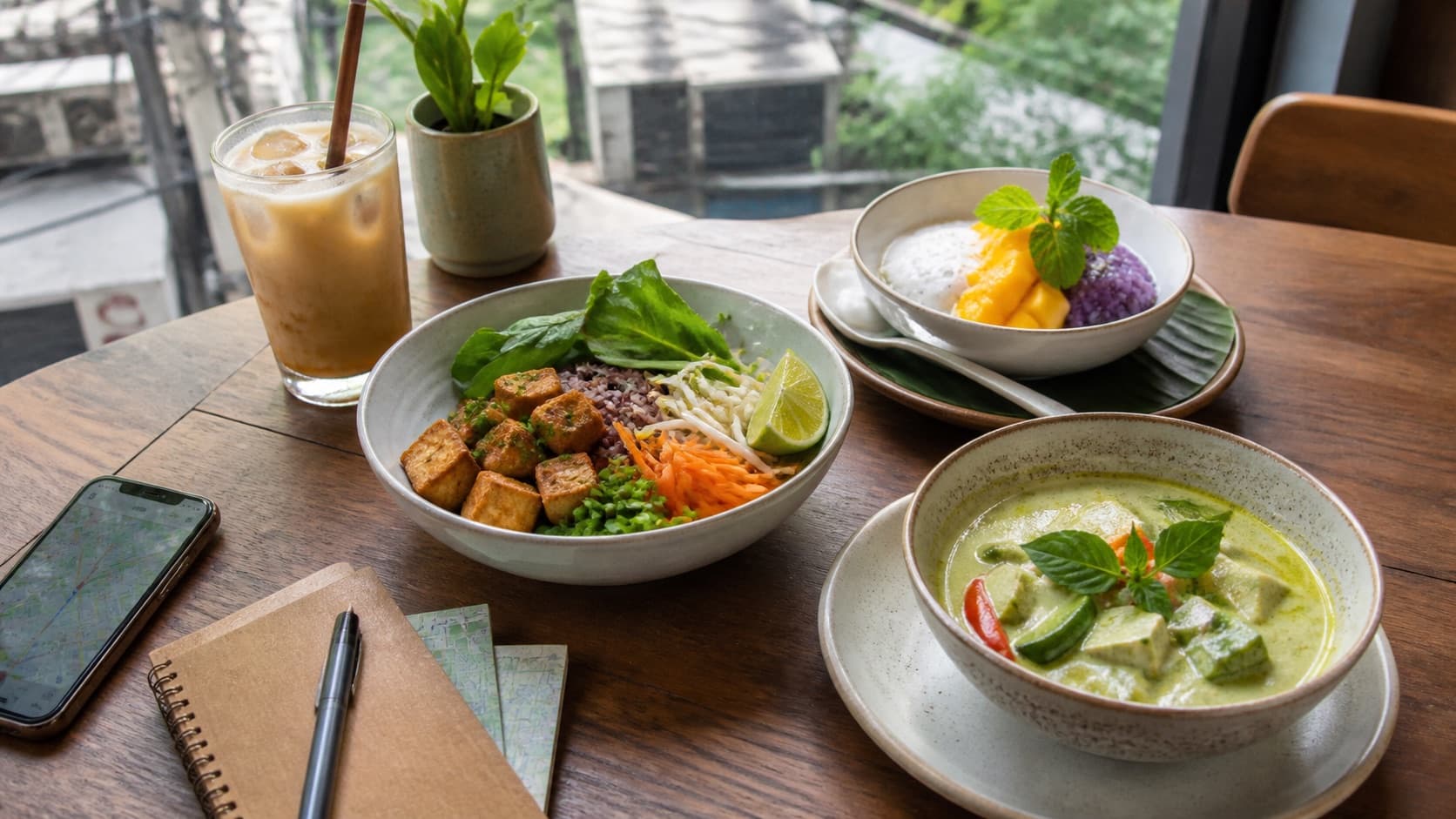 Vegan Thai-inspired dishes on a cafe table with a travel notebook and map.